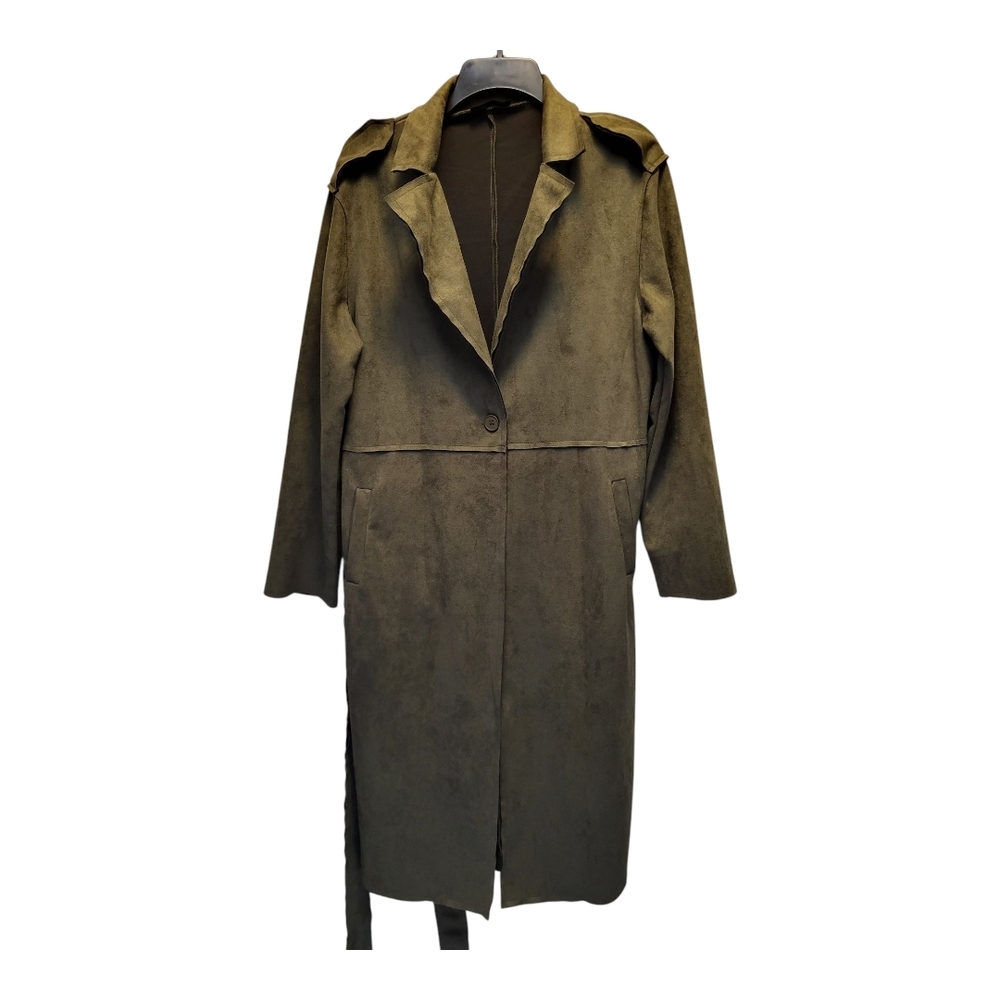 PrettyGarden Olive Green Soft Trench Coat with Belt and Notched Lapels - Size L - Picture 3 of 8